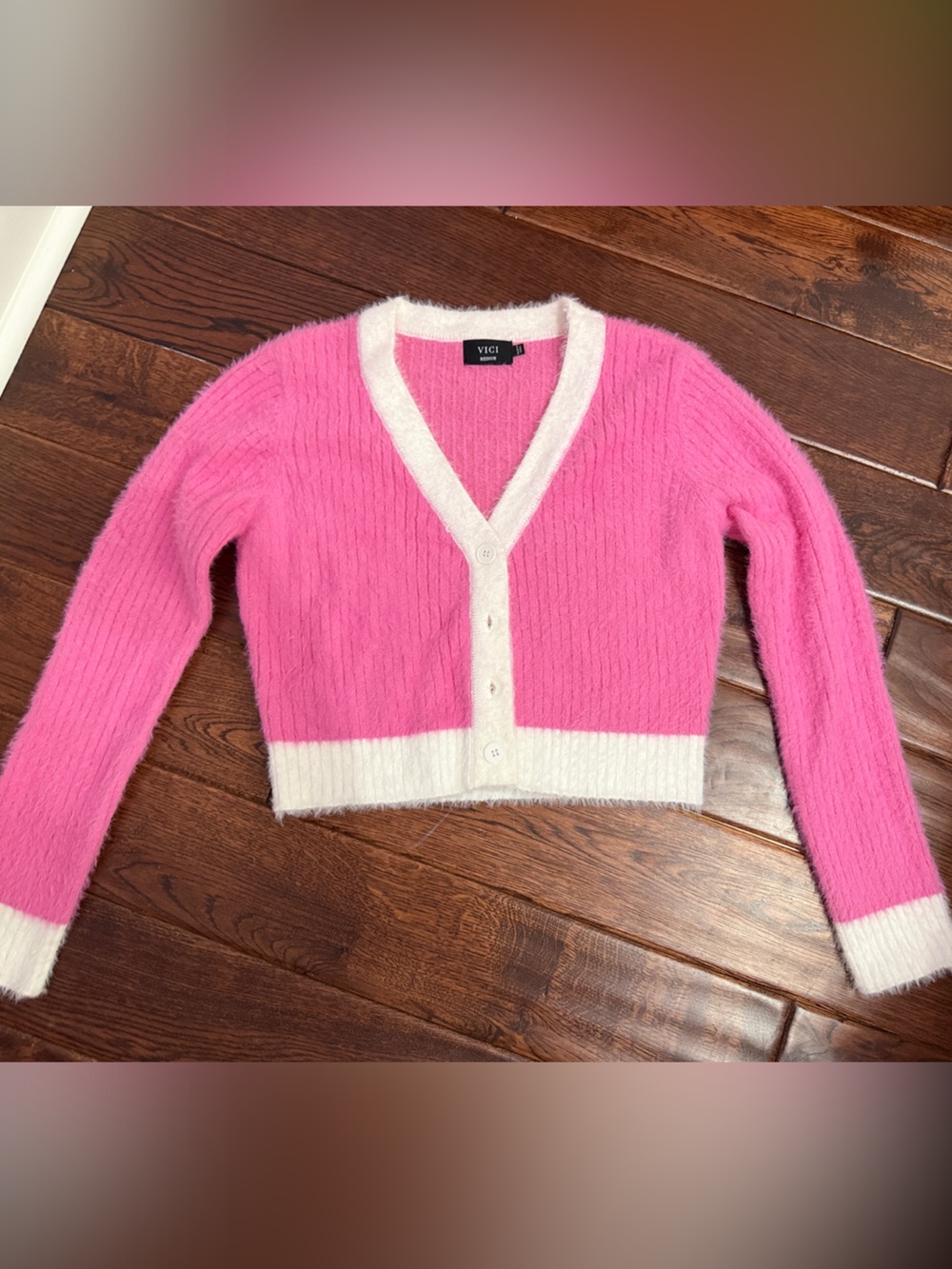 Vici Pink Cropped Cardigan with White Trim